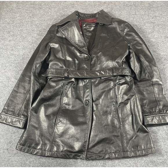 Wilsons‎ Jacket Womens L Black Leather Coat Red Quilted Liner Belted Thinsulate - Picture 1 of 14